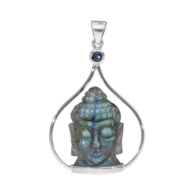 Anhänger mit Labradorit-Buddha & Saphir aus 925 Silber