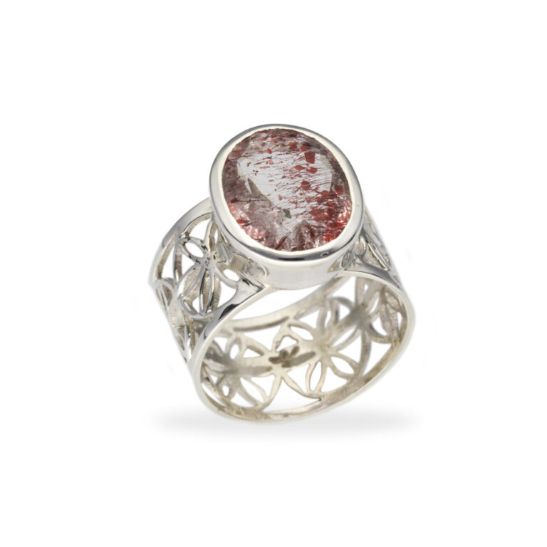 Ring mit Erdbeerquarz & Blume des Lebens aus 925 Silber